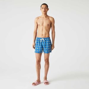 Blue / White Lacoste LIVE Print Lightweight Swimming Trunks | NMBAPY-473