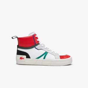 White / Red Lacoste L004 Mid Leather Sneakers | QKICWA-971